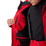 Red and black hooded insulated jacket, open front with interior EXO label visible