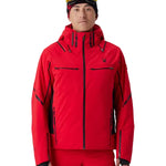 Red hooded insulated ski jacket with full front zipper and black contrast details