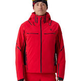Red hooded insulated ski jacket with full front zipper and black contrast details