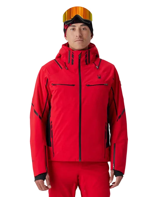Red hooded insulated ski jacket with full front zipper and black contrast details