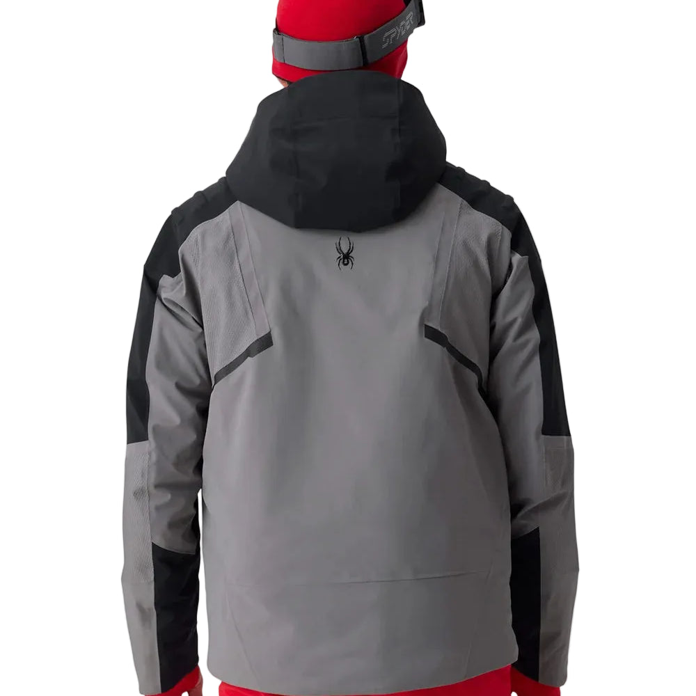Insulated ski jacket with hood, gray shell with black shoulders and red inner hood lining