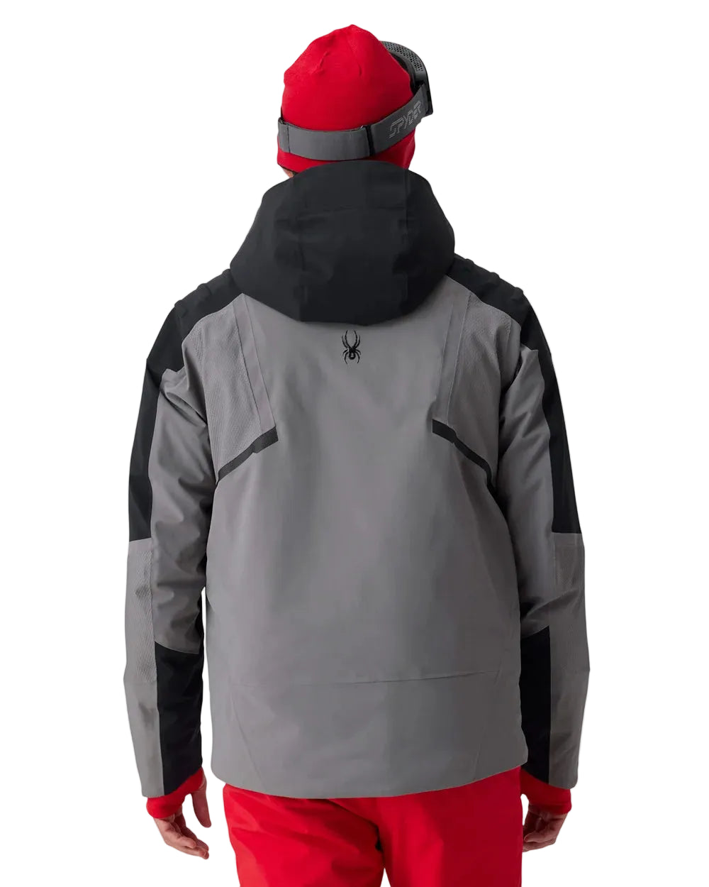 Insulated ski jacket with hood, gray shell with black shoulders and red inner hood lining