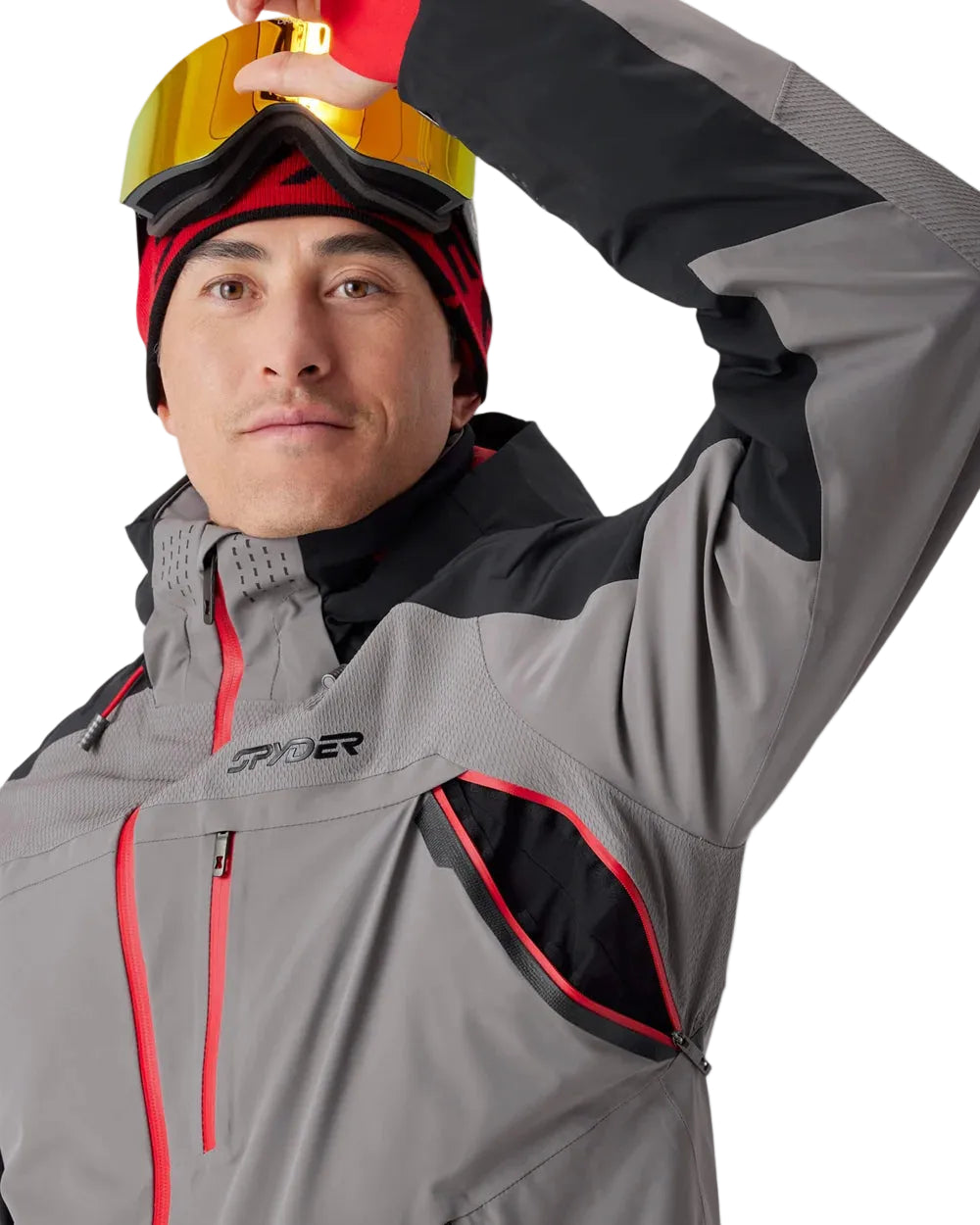 Insulated ski jacket front view, gray with black accents and red piping, hooded