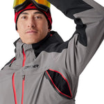Insulated ski jacket front view, gray with black accents and red piping, hooded
