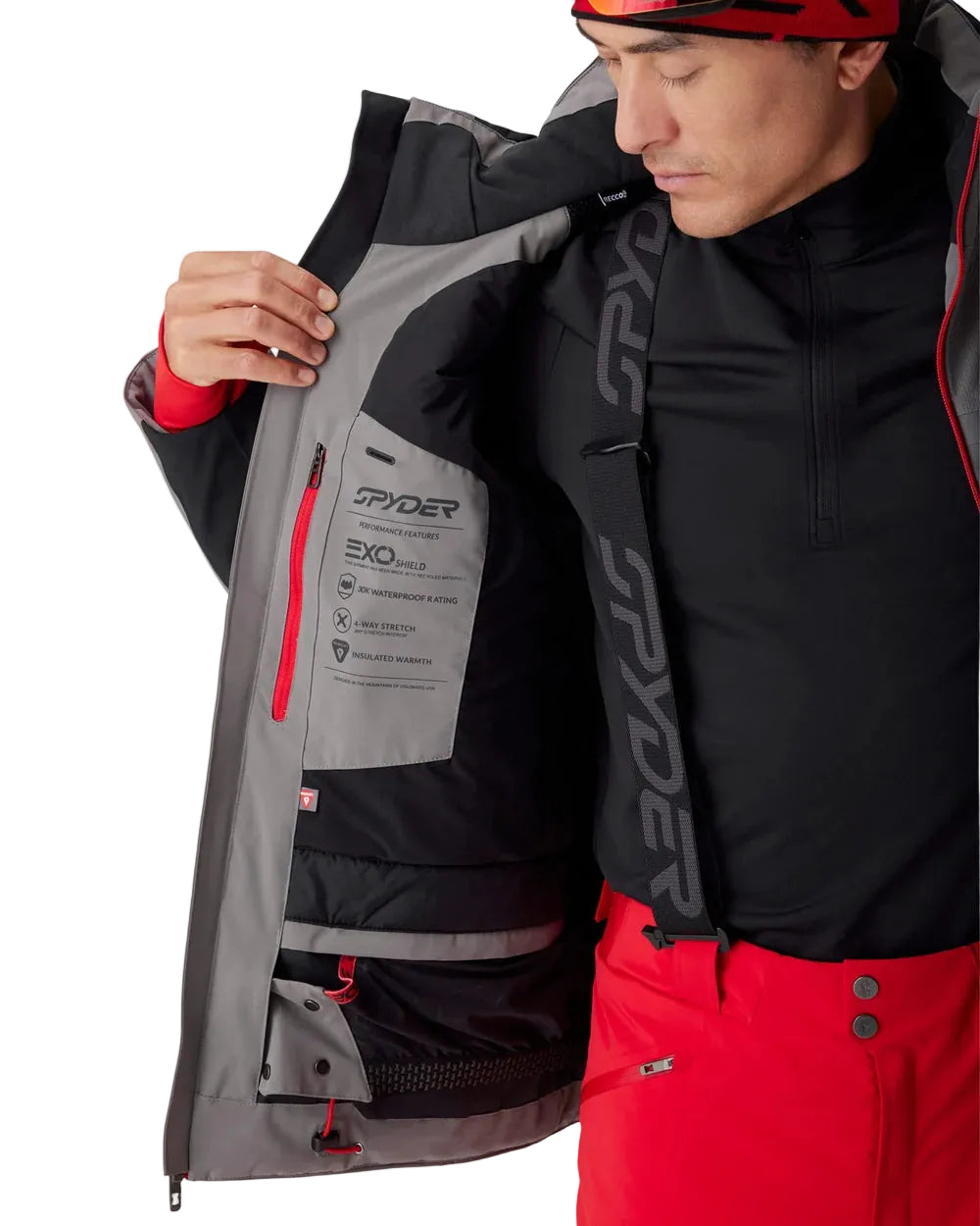 Insulated ski jacket with hood, gray and black panels, open front showing inner layer