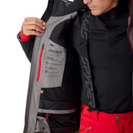 Insulated ski jacket with hood, gray and black panels, open front showing inner layer
