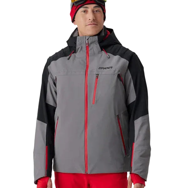 Insulated ski jacket, gray with black panels, red zipper and hood trim