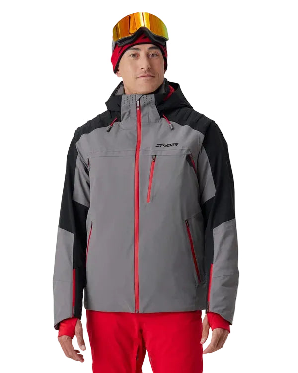 Insulated ski jacket, gray with black panels, red zipper and hood trim