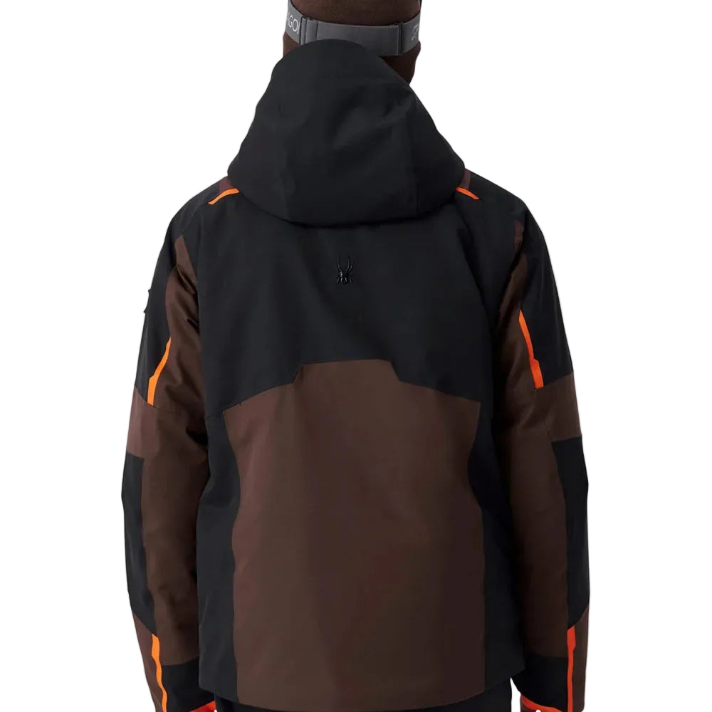 Mocha insulated jacket with dark panels, orange accent stripes, and hood