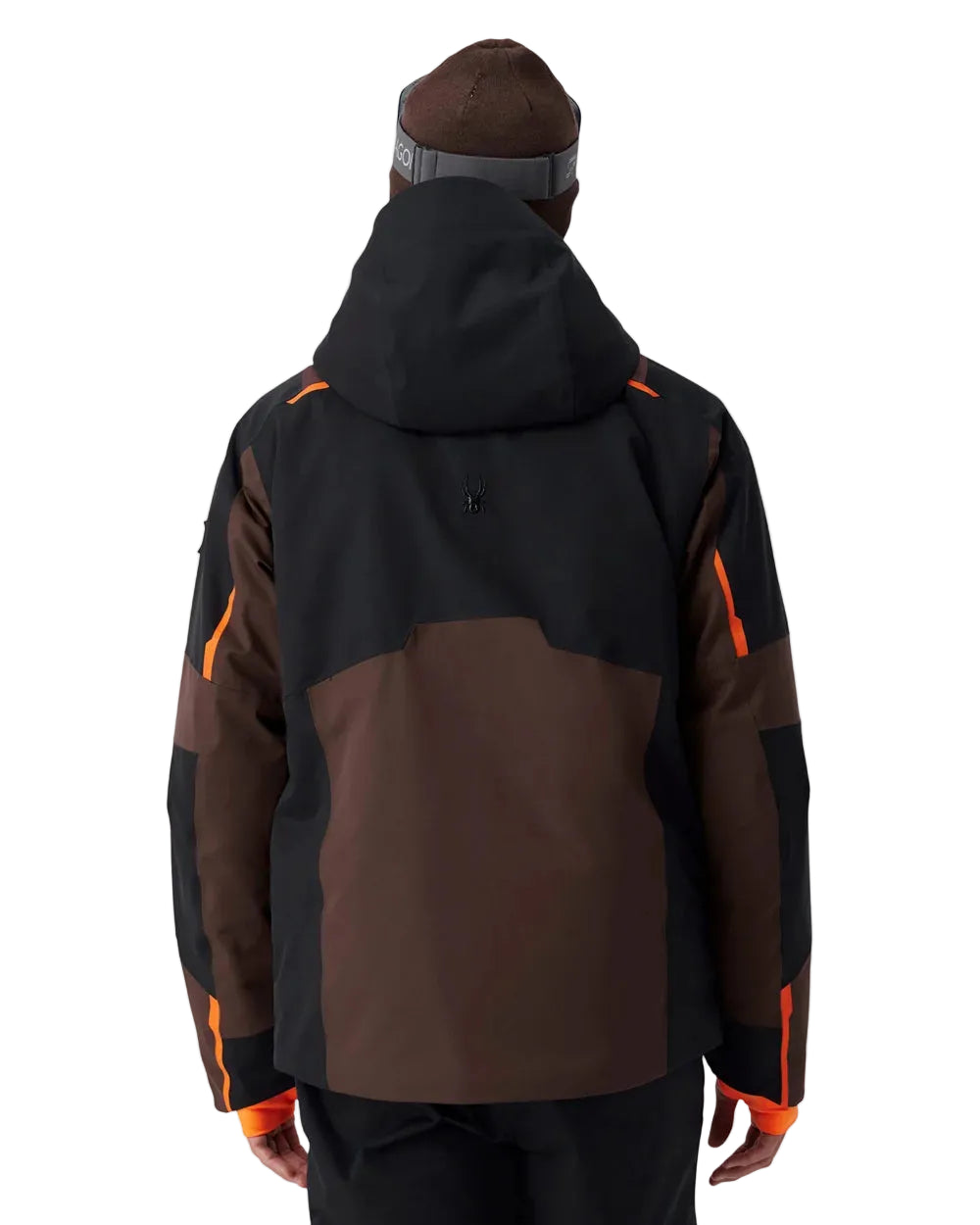 Mocha insulated jacket with dark panels, orange accent stripes, and hood