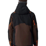 Mocha insulated jacket with dark panels, orange accent stripes, and hood