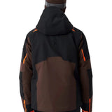 Mocha insulated jacket with dark panels, orange accent stripes, and hood