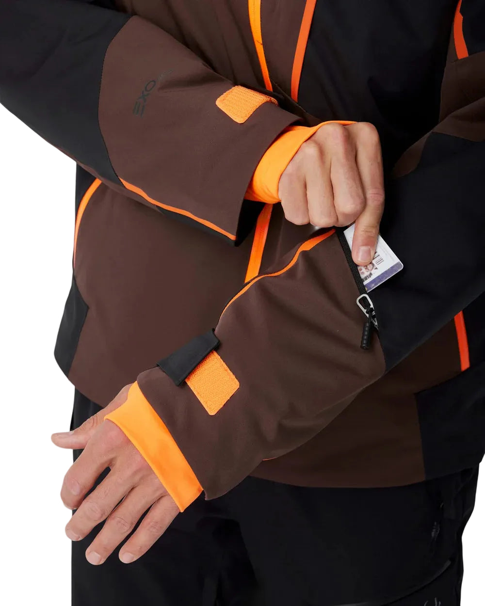 Mocha insulated jacket with orange cuff accents and zipper pull detail