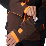 Mocha insulated jacket with orange cuff accents and zipper pull detail