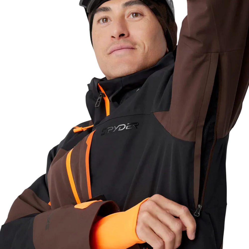 Mocha insulated jacket with orange trim, hood, and zip front with side panel