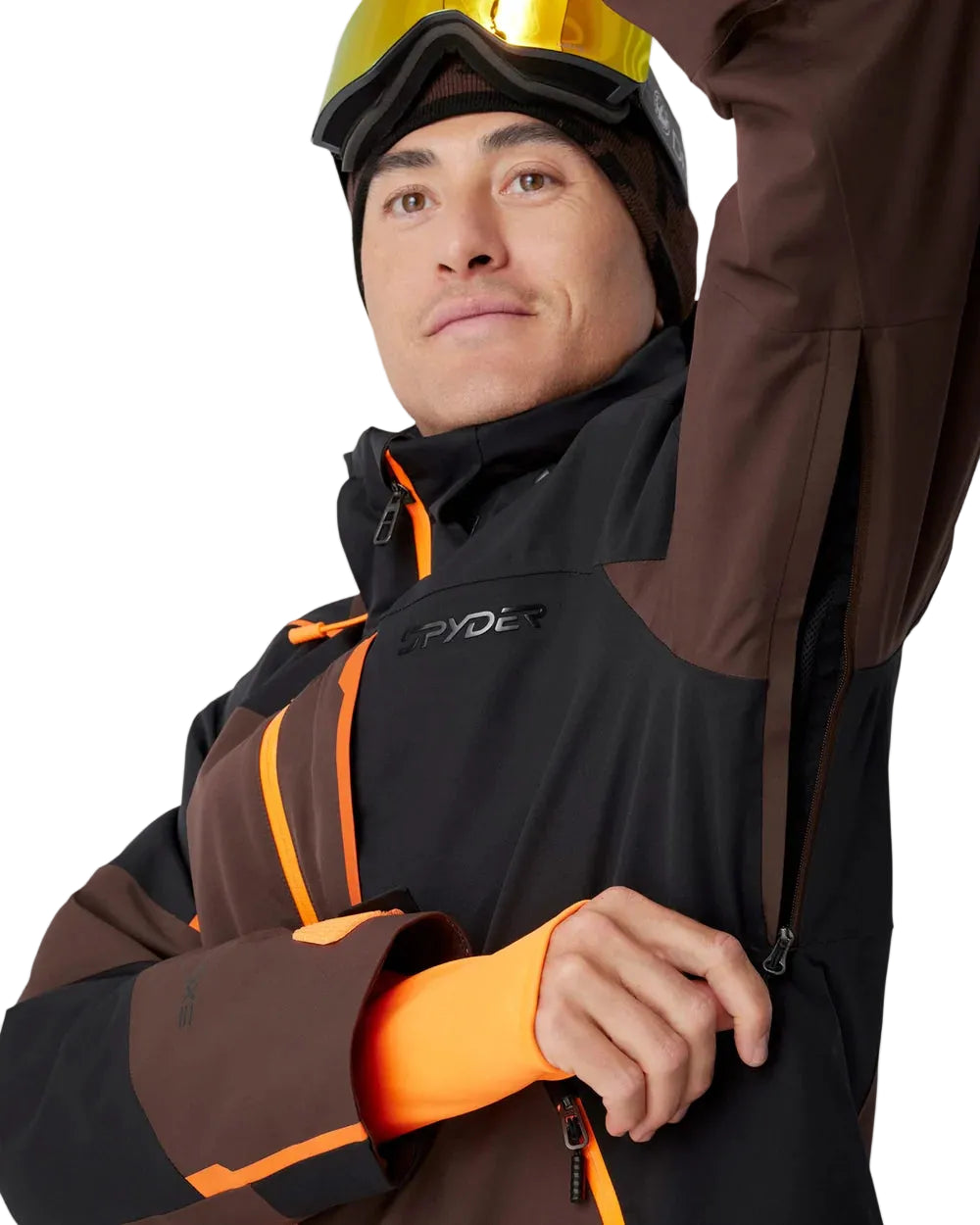 Mocha insulated jacket with orange trim, hood, and zip front with side panel
