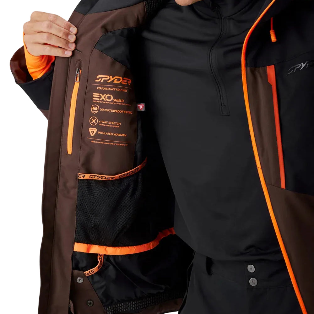 Mocha insulated jacket with orange-lined interior pocket and EXO-style label
