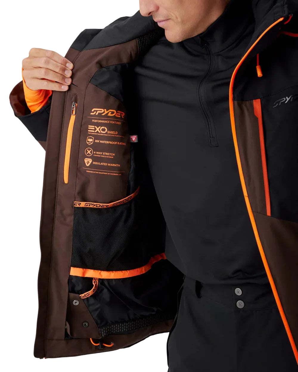 Mocha insulated jacket with orange-lined interior pocket and EXO-style label