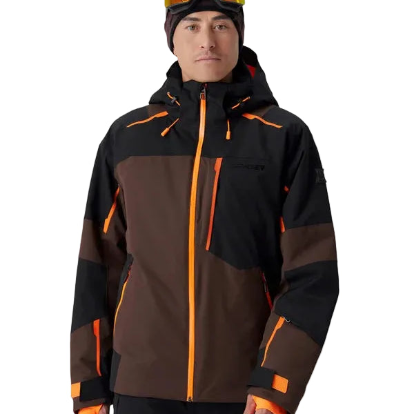 Mocha insulated jacket with orange zip, hood, and color-block paneling