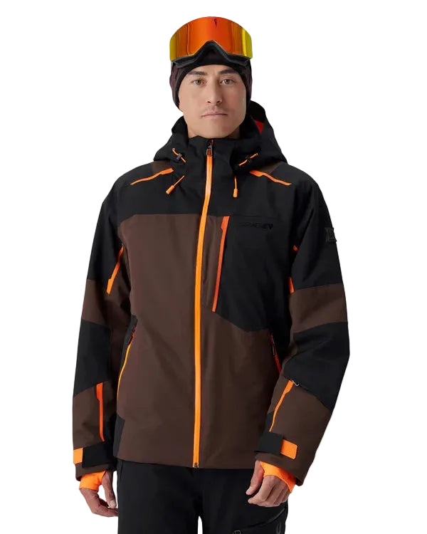 Mocha insulated jacket with orange zip, hood, and color-block paneling
