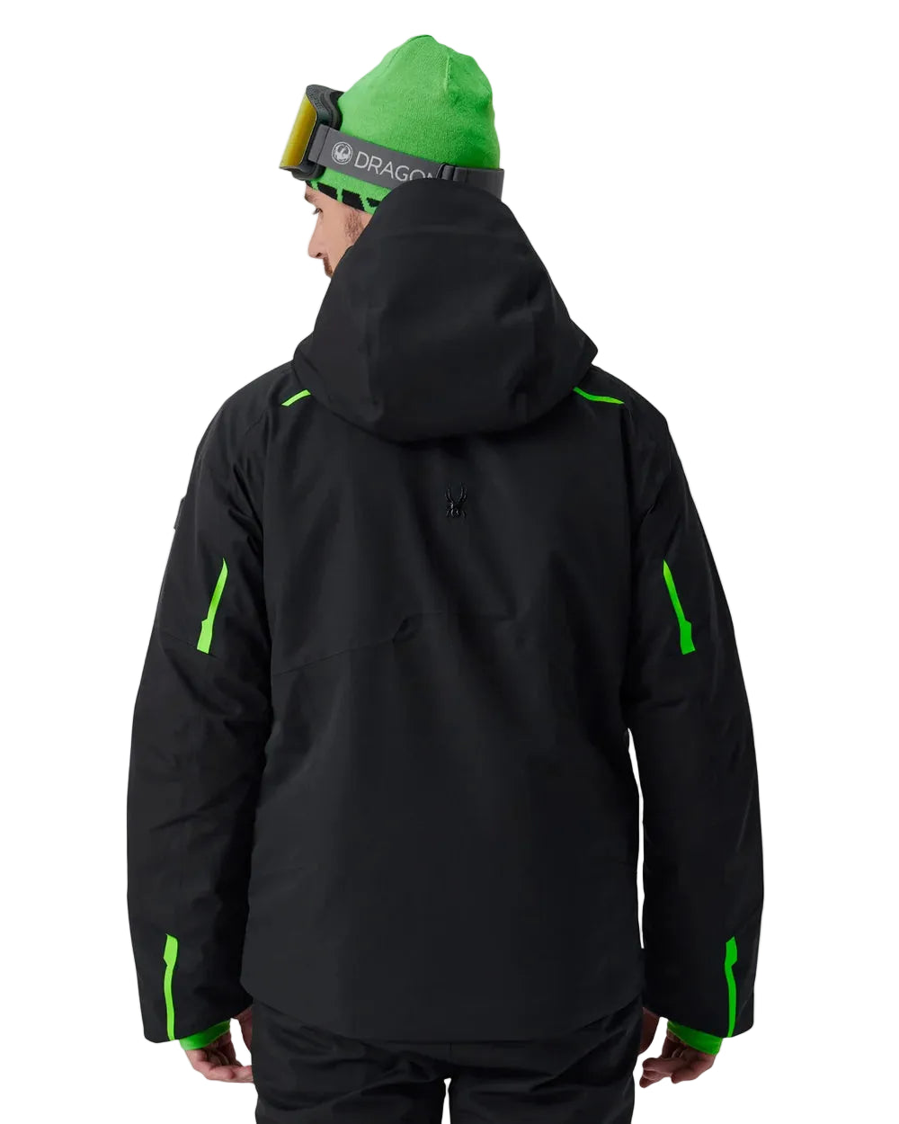 Black insulated jacket with green hood accents and full back coverage for warmth