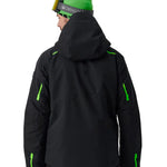Black insulated jacket with green hood accents and full back coverage for warmth
