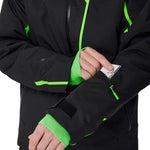 Black insulated jacket with green-lined cuffs and zipper pull detail