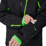Black insulated jacket with green-lined cuffs and zipper pull detail