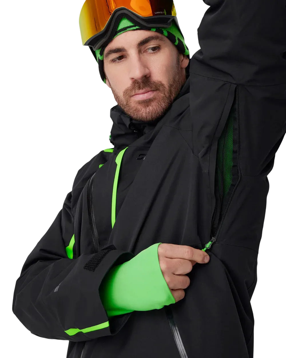 Black insulated jacket with green pocket lining, adjustable cuffs, and hood