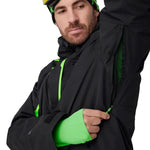 Black insulated jacket with green pocket lining, adjustable cuffs, and hood