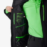 Black insulated jacket with bright green zipper and interior pocket graphics