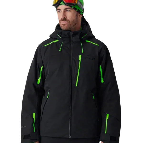 Black insulated jacket with bright green stripe details, hooded full-zip front