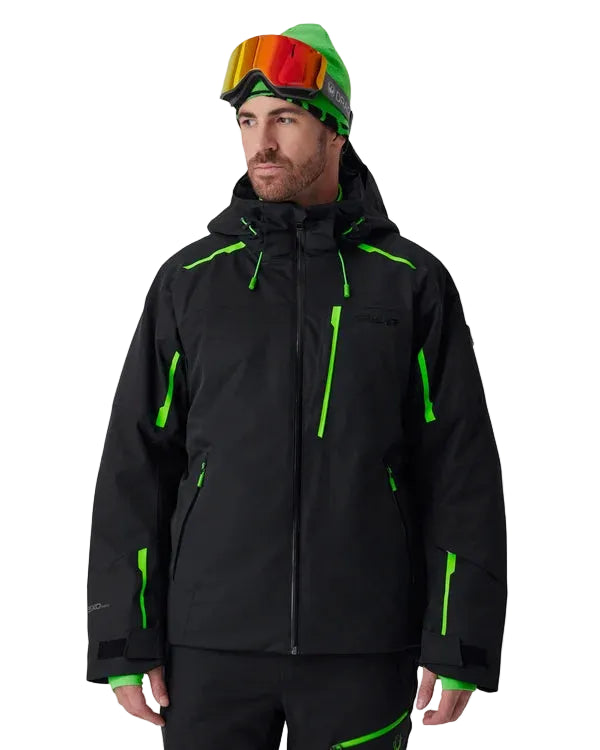 Black insulated jacket with bright green stripe details, hooded full-zip front