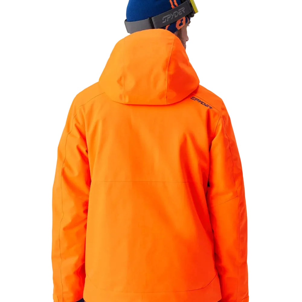 Spyder insulated ski jacket with bright orange hood and dark blue accents