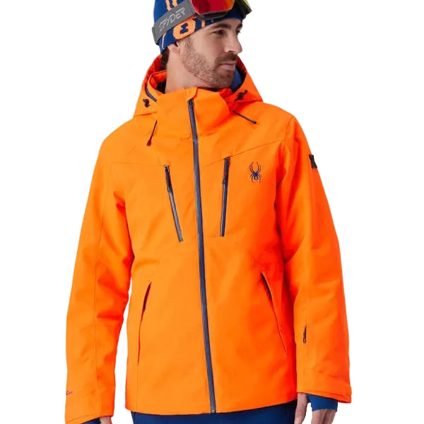 Spyder insulated ski jacket in bright orange with dark blue panels and orange drawcords
