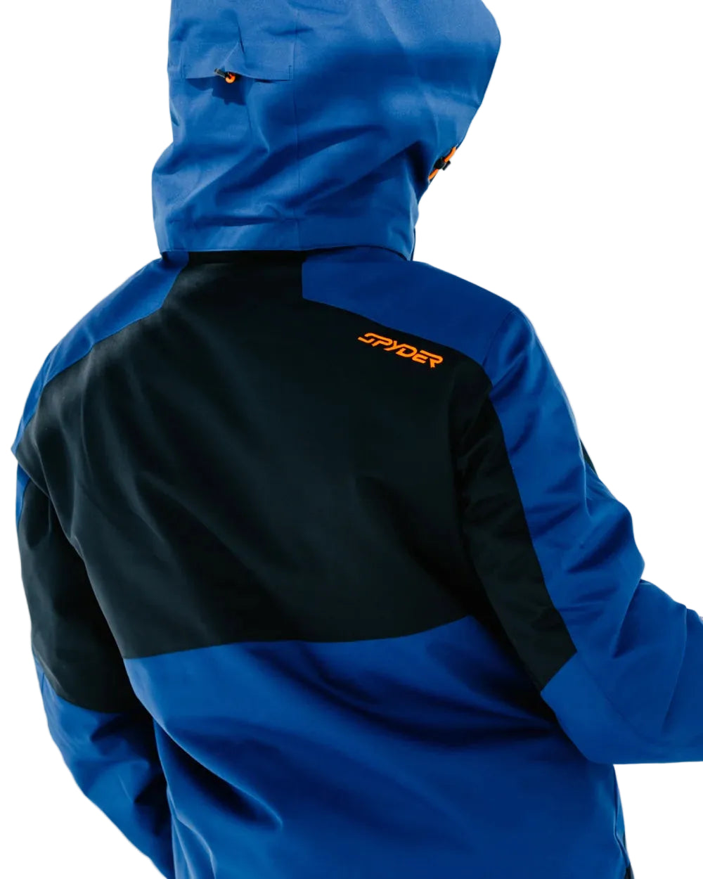 Spyder insulated ski jacket in dark blue with black back panel and orange trim