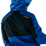 Spyder insulated ski jacket in dark blue with black back panel and orange trim