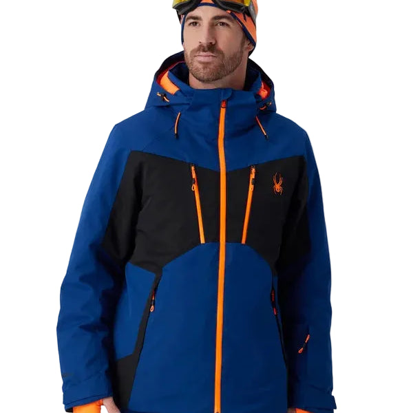 Spyder insulated ski jacket in blue with black upper panel and orange center zipper
