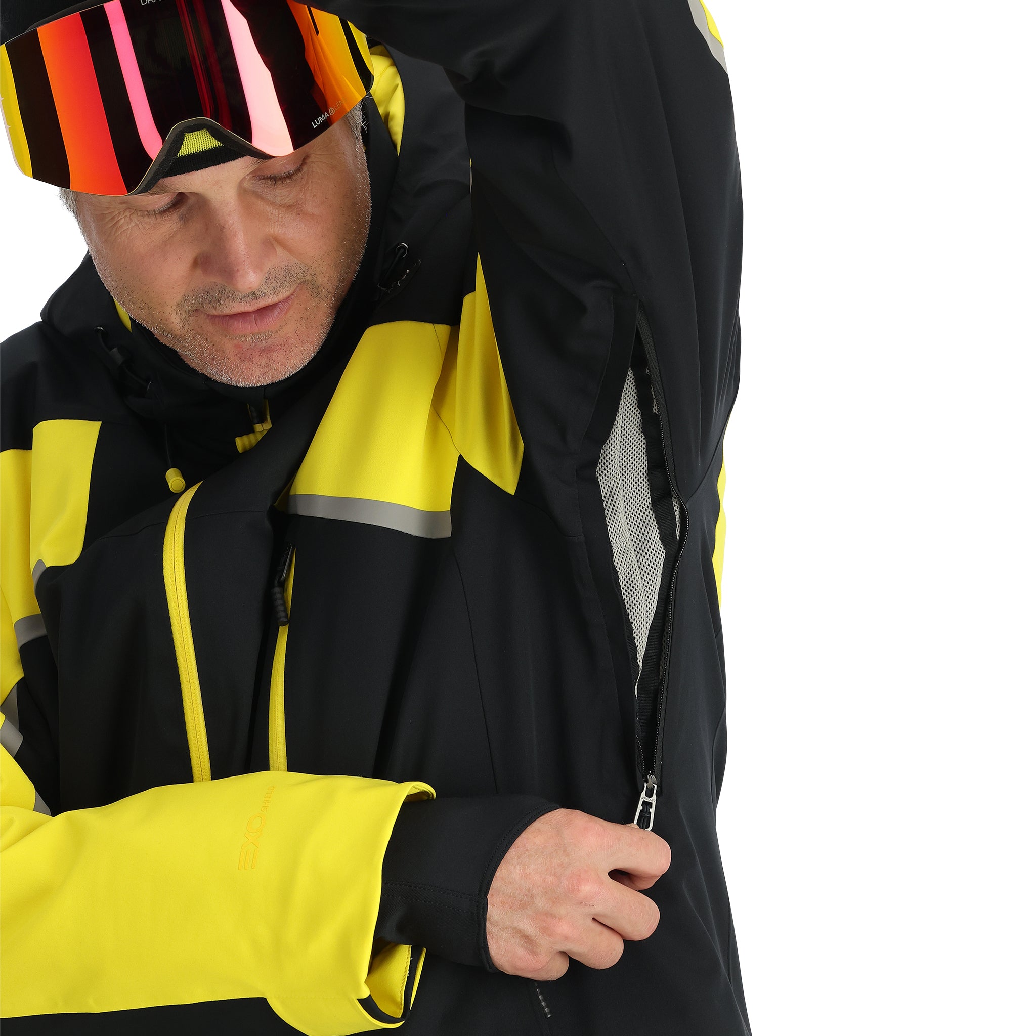 Spyder Leader Insulated Jacket - A black jacket with yellow accents, featuring a zippered chest pocket and reflective strips on the shoulders.