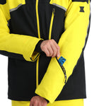 Spyder Leader Insulated Jacket - A black jacket with a gray stripe on the chest and yellow accents, featuring a zipper closure.