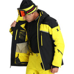 Spyder Leader Insulated Jacket - A black jacket with a yellow stripe on the left chest and a white Spyder logo.