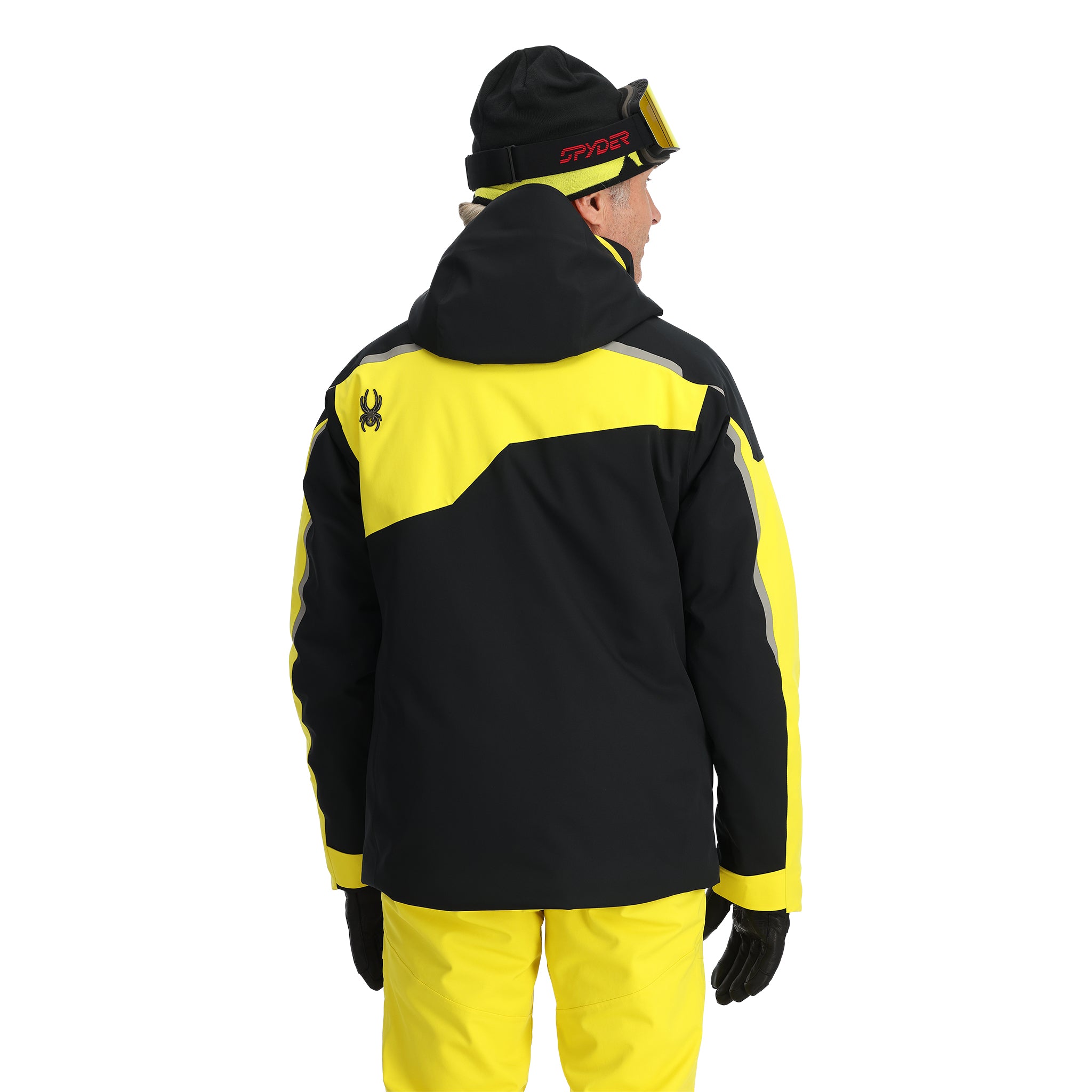Spyder Leader Insulated Jacket 2025 - A black jacket with a yellow stripe across the chest and gray accents on the shoulders.