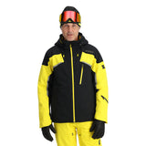 Spyder Leader Insulated Jacket - A black jacket with yellow accents, featuring a hood and zippered pockets.