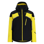 Spyder Leader Insulated Jacket 2025 - A black jacket with yellow accents and a hood, featuring reflective strips on the shoulders.