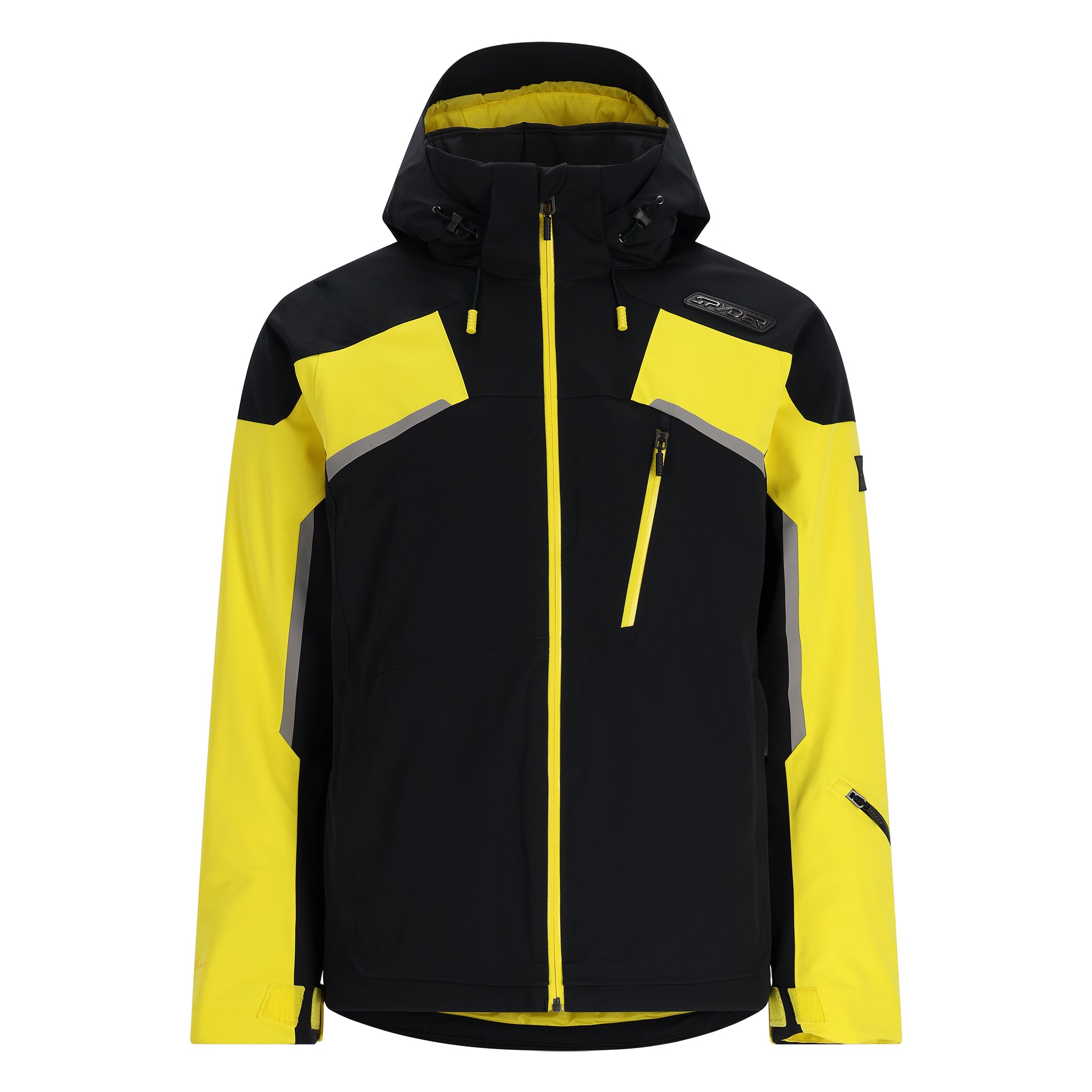 Spyder Leader Insulated Jacket 2025 - A black jacket with yellow accents and a hood, featuring reflective strips on the shoulders.
