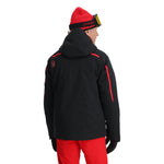 Spyder Leader Insulated Jacket 2025 - A black jacket with red accents and a hood, featuring a logo on the left shoulder.