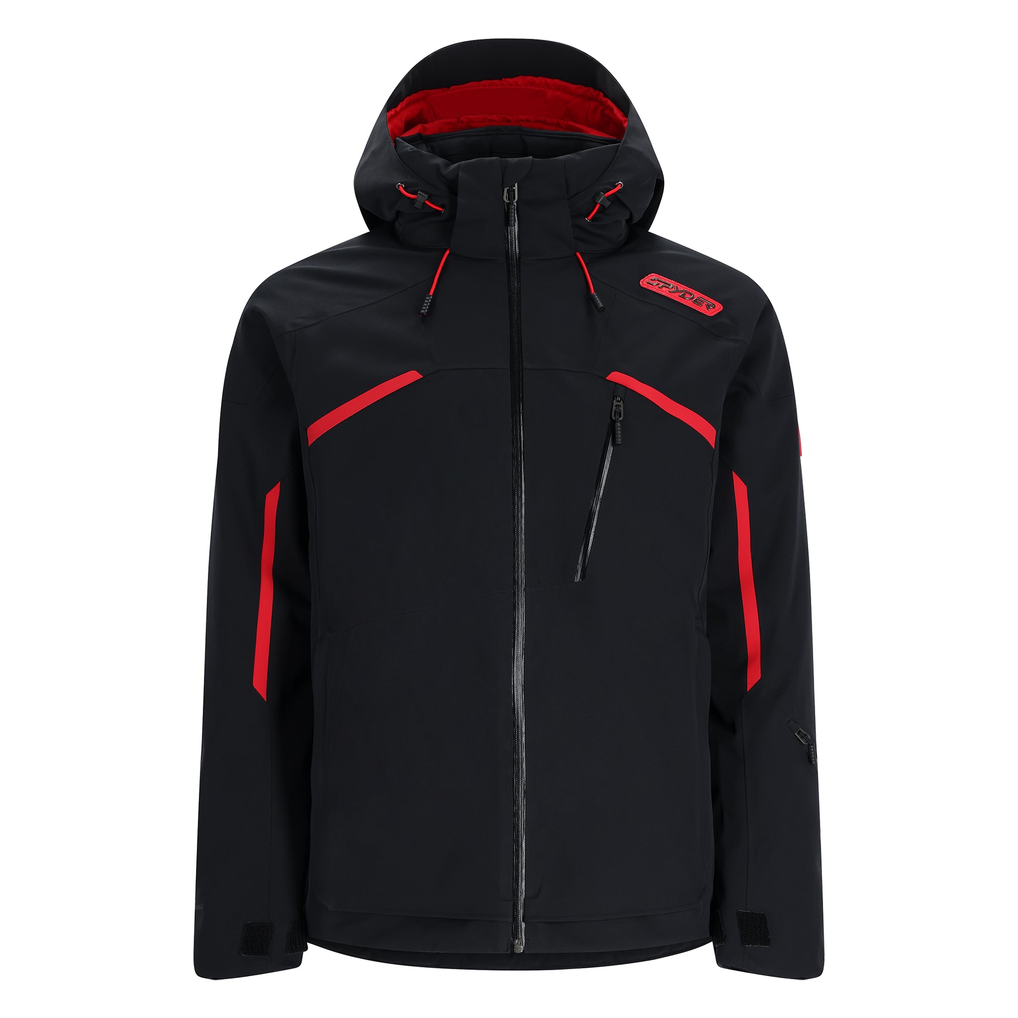 Spyder Leader Insulated Jacket 2025 - Black jacket with red accents on chest and sleeves, zippered pockets, and hood.