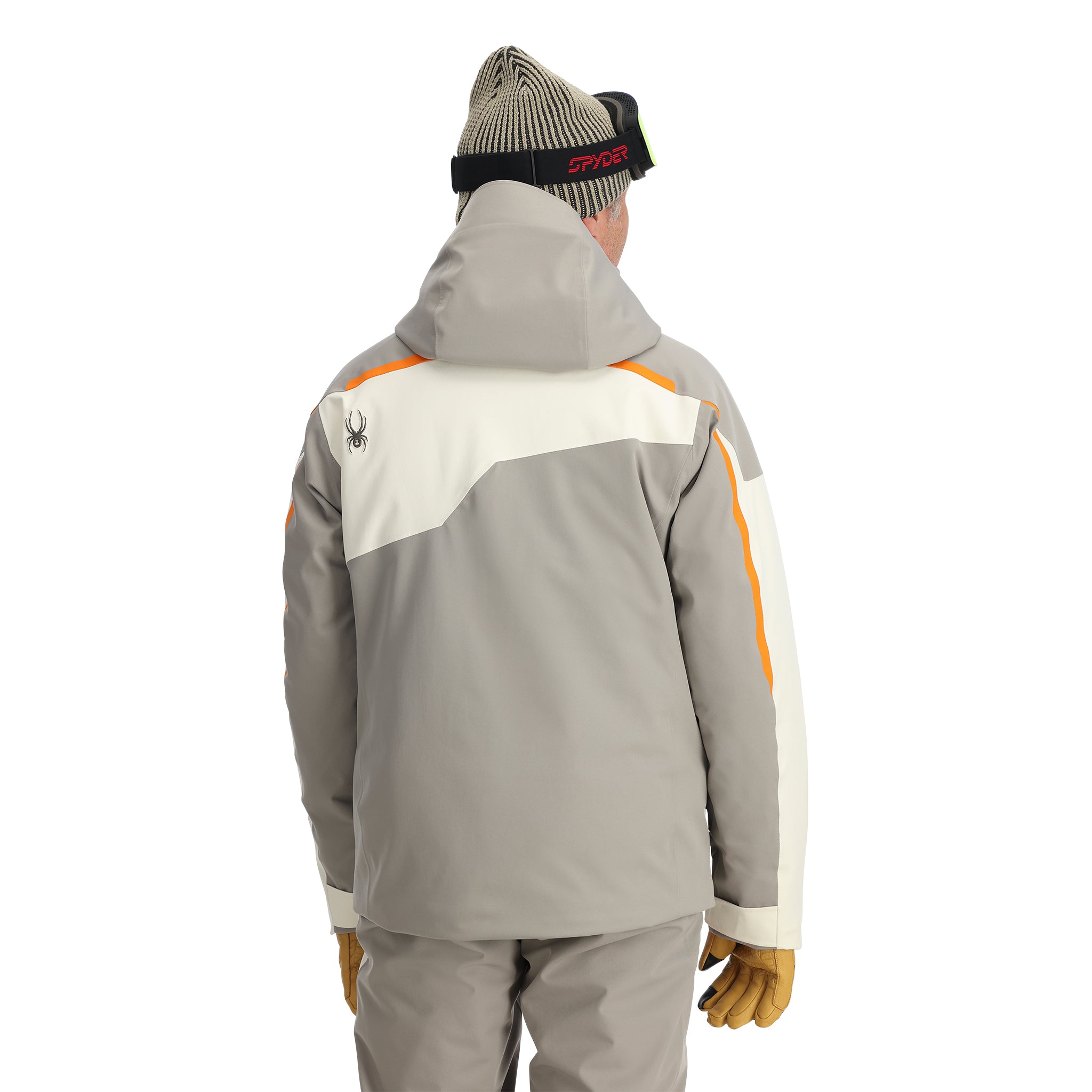 Spyder Leader Insulated Jacket 2025 - A grey jacket with orange accents and a black zipper on the left chest.