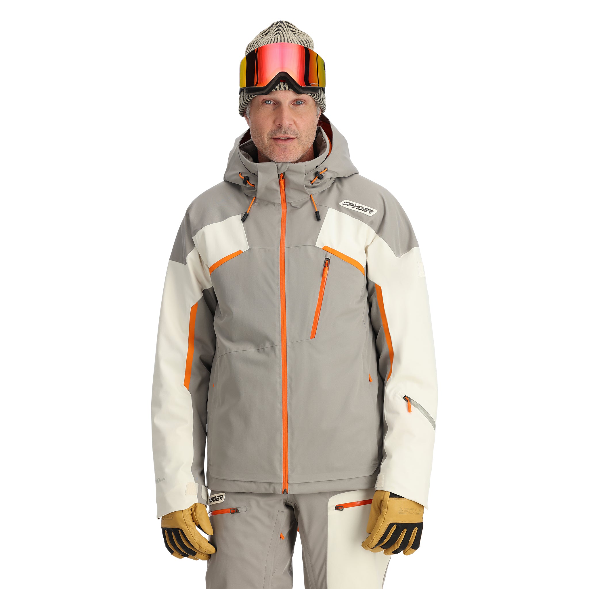 Spyder Leader Insulated Jacket 2025 - A grey jacket with orange accents and a white Spyder logo on the left chest.
