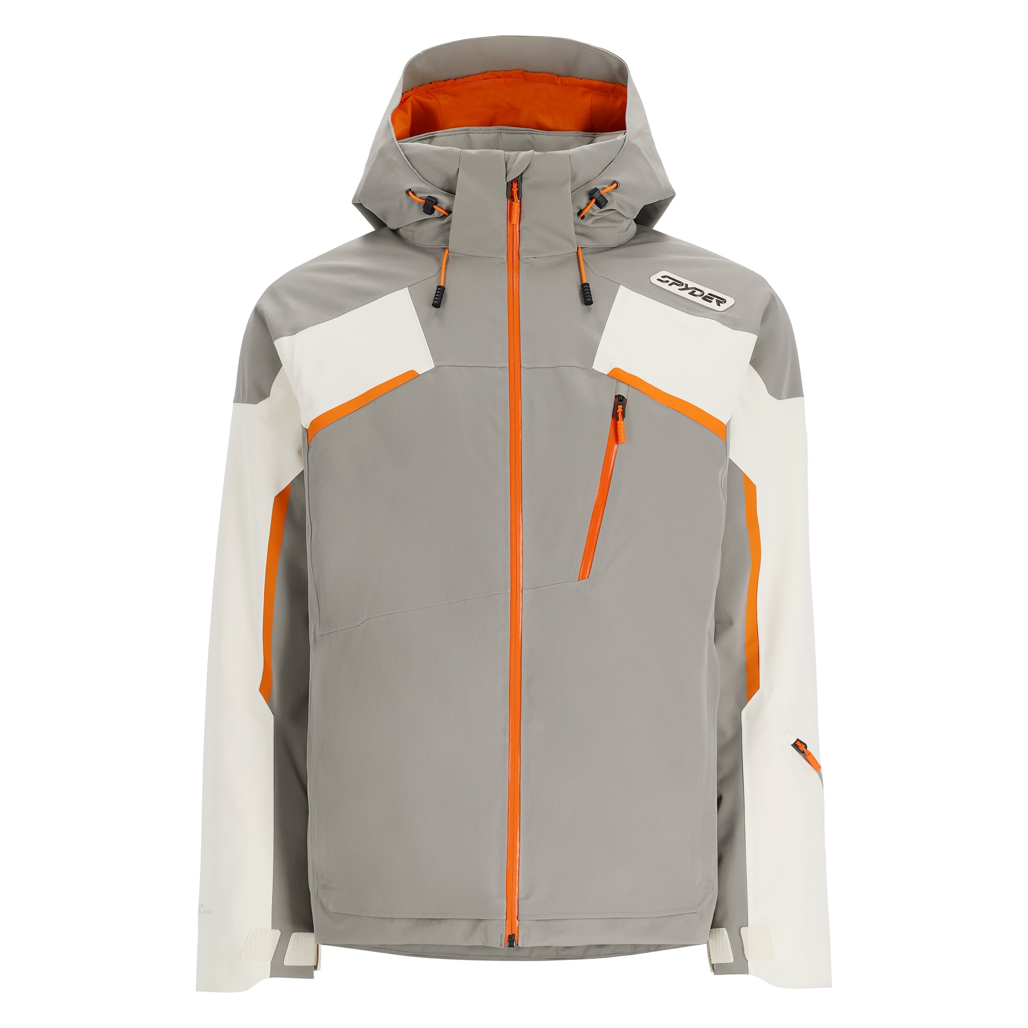 Spyder Leader Insulated Jacket 2025 - A grey, white, and orange insulated jacket with a hood.